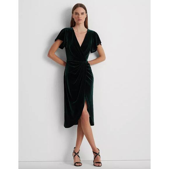 Lauren Ralph Lauren Velvet Flutter Sleeve Cocktail Midi Dress Green US 16 NWT - Picture 3 of 14